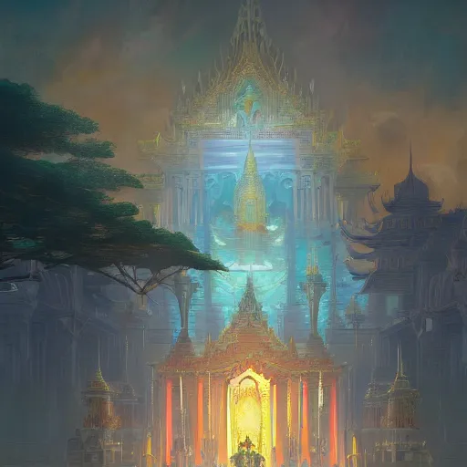 Image similar to grand palace temple for leader of galactic empire by peter mohrbacher, vivid colors, matte painting, 8K, concept art, mystical color scheme, trending on artstation