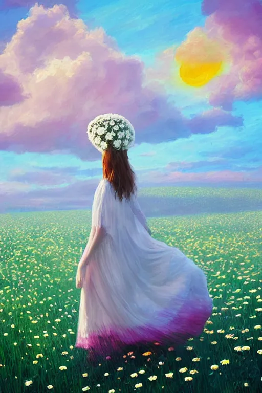 Image similar to giant white daisy flower head, girl with veil walking in a flower field, surreal photography, sunrise, dramatic light, impressionist painting, colorful clouds, digital painting, artstation, simon stalenhag