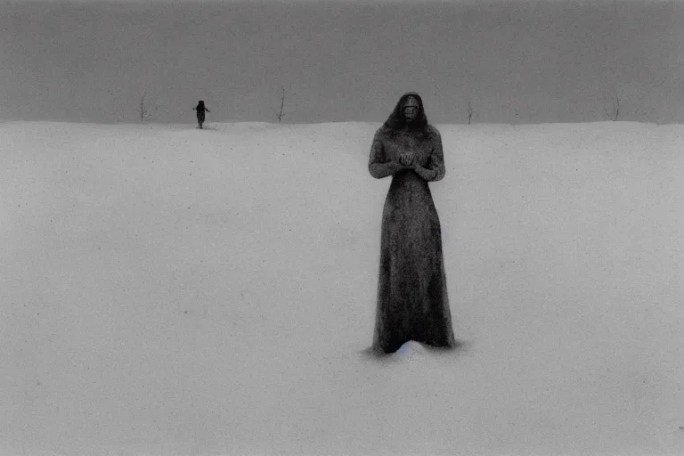 Image similar to a surrealist painting of a lonely woman with pale skin and red hair, standing over pile of bodies in post apocalyptic snowy landscape, painted by zdzisław beksinski