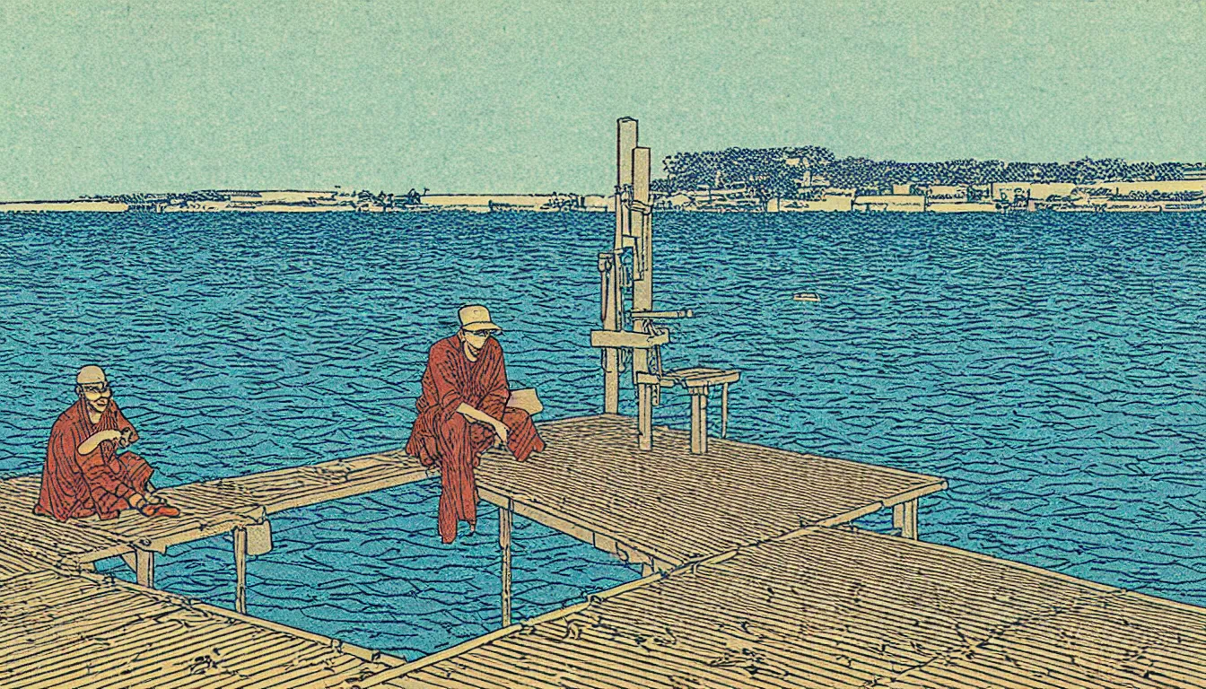 Image similar to sitting at the end of the dock by woodblock print, moebius