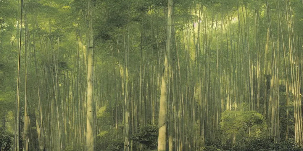 Prompt: art by john howe of the cinematic view of the sagano bamboo forest.