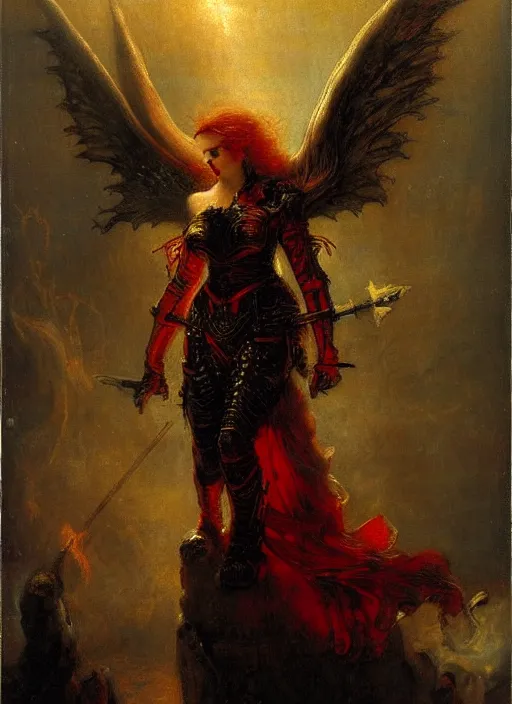 Prompt: angel knight gothic girl in dark and red dragon armor. by gaston bussiere, by rembrandt, volumetric lightning, silver