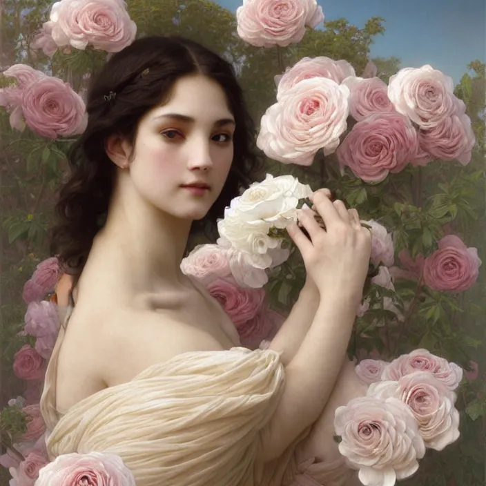 Prompt: reinassance portrait of goddess with thin white semi trasparent cotton roses intricate, elegant, highly detailed, wonderful eyes, sweet, digital painting, artstation, concept art, smooth, sharp focus, octane render, illustration, art by artgerm and greg rutkowski and alphonse mucha and william - adolphe bouguereau