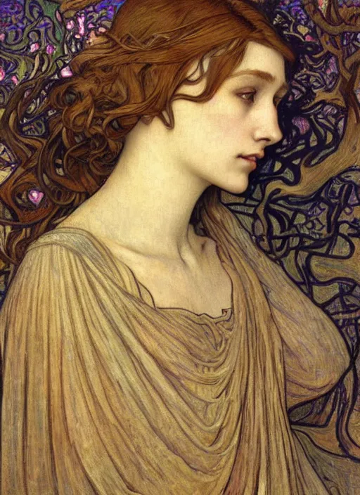 Image similar to detailed realistic beautiful young medieval queen face portrait by jean delville, alphonse mucha, vincent van gogh, and marco mazzoni, art nouveau, symbolist, visionary, gothic, pre - raphaelite