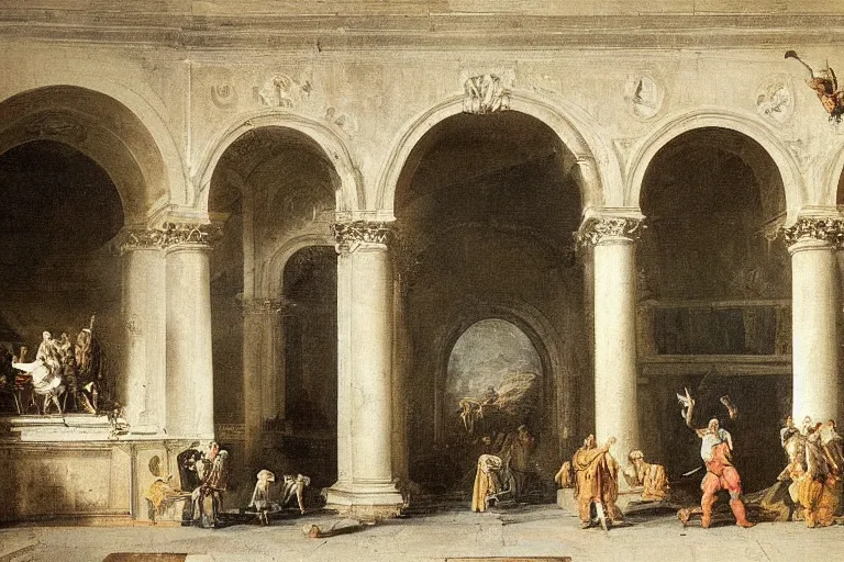 Image similar to you're a rockstar with a bulbous tongue, a francesco guardi detailed painting standing between archways to opposite dimensions, calluses build up to the steps of the gods