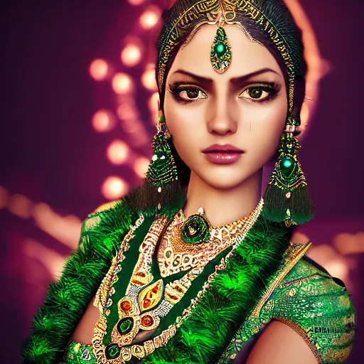 Image similar to photograph of wonderful princess with smooth fair skin, indian, green jewelry, breathtaking, elegant, ornate, intricate, hyper detailed, accent lighting, dramatic light, 4 k octane render