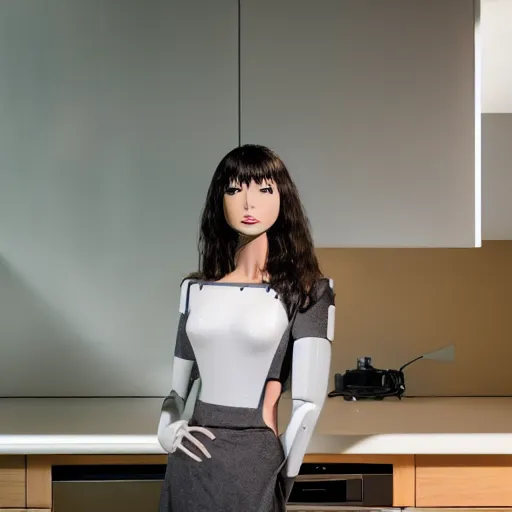 Image similar to dlsr portrait, a humanoid android robot of a beautiful woman made out of expensive high - end 8 0's japanese hi - fi equipment, inside the kitchen of a japanese influenced neo - midcentury modern futuristic villa, huge windows showing a rocky california shoreline at golden hour, 4 k, face enhance, ultra - detailed