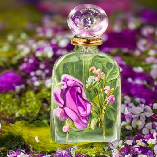 Image similar to perfume bottle in an enchanted flower patch, softly - lit, highly detailed, realistic, up close shot, f 2 0