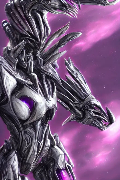 Image similar to bust shot, hyperdetailed realistic elegant beautiful stunning giant robot mecha hot female goddess dragon, sharp spines, sharp metal ears, smooth purple eyes, smooth fuschia skin, smooth silver armor, nebula size, space, epic proportions, epic scale, warframe fanart, macro giantess, furry art, dragon art, goddess art, giantess art, furaffinity, octane