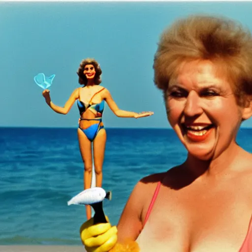 Image similar to 1981 woman on tv show wearing a happy squishy inflatable prosthetic mask, soft color wearing a swimsuit at the beach 1981 color film 16mm holding a an inflatable fish Fellini John Waters Russ Meyer Doris Wishman old photo