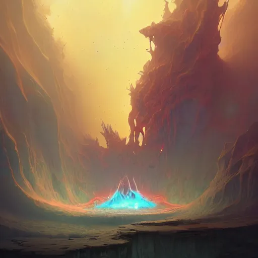 Prompt: deep in a large open cavern in a crystal cave there is a gigantic demonic portal to hell, artwork by Peter mohrbacher and beeple