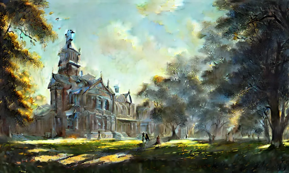 Prompt: a large victorian college building surrounded by houses and trees, blue sky, higjly detailed, sunny, volumetric, cinematic lighting, realistic, digital art by greg rutkowski