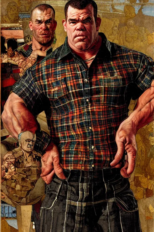 Prompt: upper body and head portrait of huge hulking absurdly muscular jocko willink as marvel character wearing plaid shirt and pants against simple background by alex ross and lawrence alma tadema and norman rockwell and greg staples, high detail