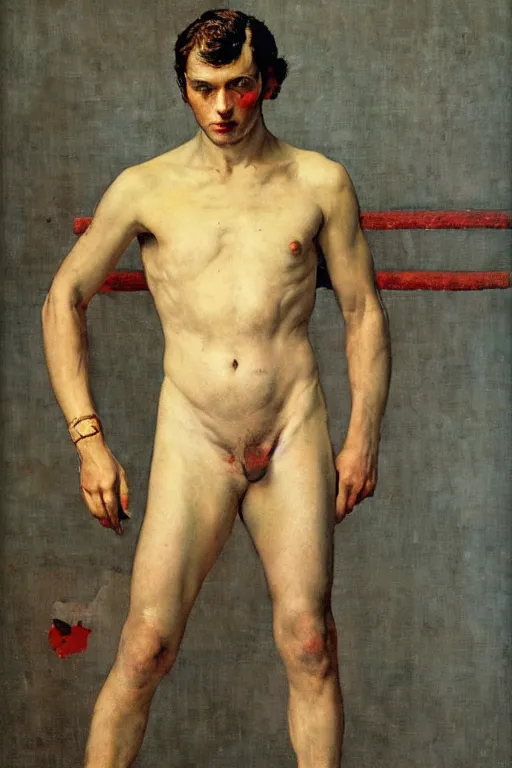 Prompt: body portrait of Pierre Casiraghi posing as a wrestler, colour painting by norman rockwell, guidi prime background by carl spitzweg