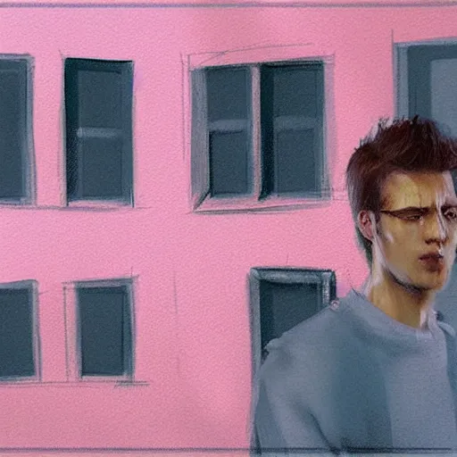 Prompt: concept art, young man in pink shirt standing by french windows, artstation