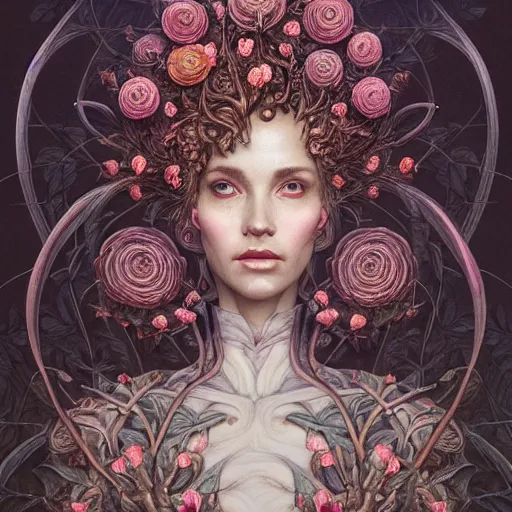 Prompt: a beautiful detailed front view portrait of a woman with ornate growing around, ornamentation, flowers, elegant, beautifully lit, by wayne barlowe, peter mohrbacher, kelly mckernan,