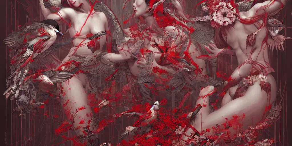 Image similar to breathtaking detailed red gardian mao dictature cyberpunk death heall concept art painting art deco pattern of birds goddesses amalmation flowers, by hsiao ron cheng, tetsuya ichida, bizarre compositions, exquisite detail, extremely moody lighting, 8 k, art nouveau, old chines painting