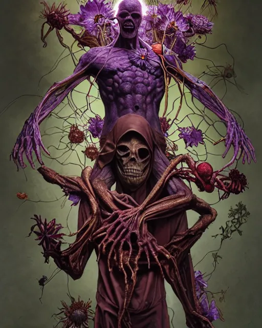 Image similar to the platonic ideal of flowers, rotting, insects and praying of cletus kasady ultimate carnage thanos dementor doctor manhattan chtulu nazgul davinci, detailed, intricate, hyperrealism, intense, scary, decay, dmt, art by brock hofer and artgerm and greg rutkowski and alphonse mucha and simon stalenhag