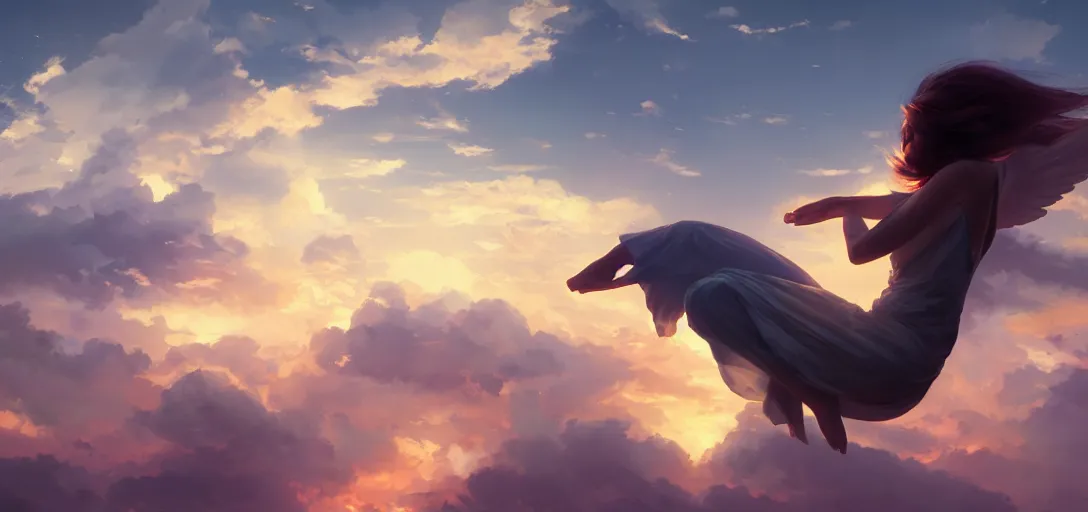 Prompt: beautiful woman angel flying peacefully, dramatic clouds, sunset, hazy, gentle, soft lighting, wojtek fus, by Makoto Shinkai and Ilya Kuvshinov,