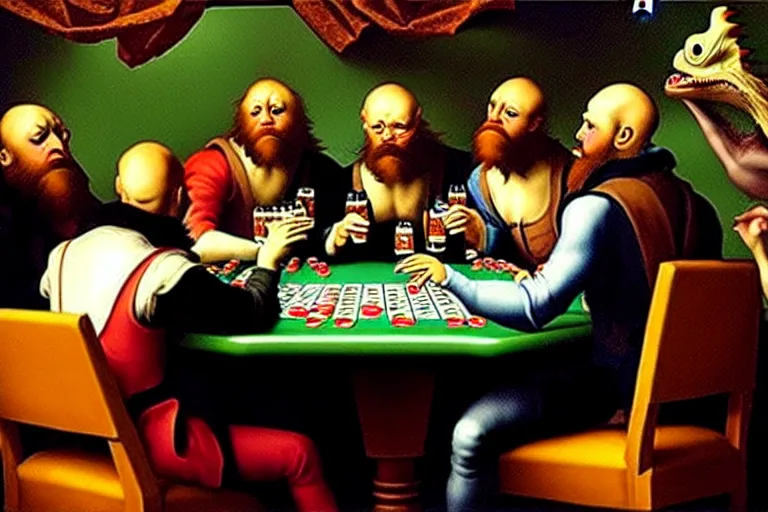 Prompt: velociraptors playing poker on a bar while drinking beer, in the style of a renaissance painting.