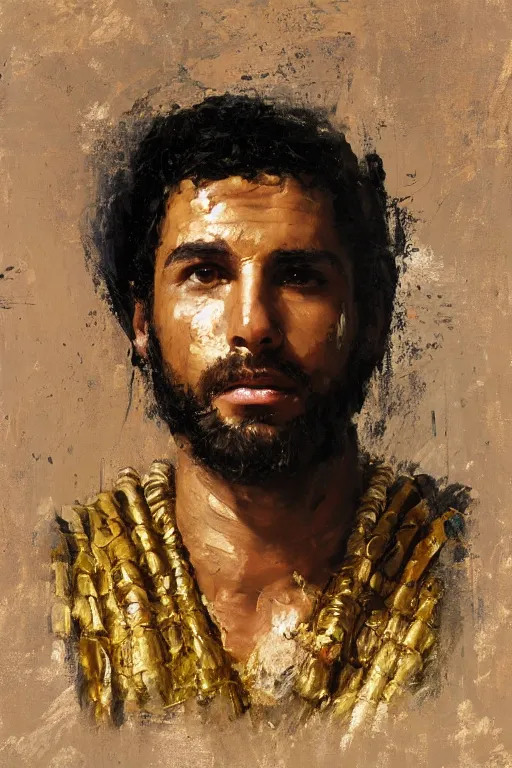 Image similar to highly detailed palette knife oil painting of a historically accurate depiction of the ancient biblical egytian prince Joseph, thoughtful, by Peter Lindbergh, impressionistic brush strokes, painterly brushwork