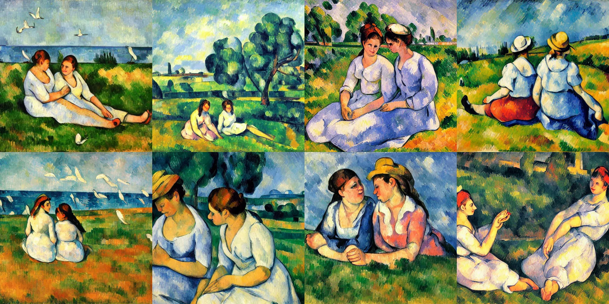 Prompt: two females sitting in a field holding hands with gaze locked. a soft sea breeze carries the wings of seagulls gliding lazily in the distance. vibrant, bright colors. gentle linework. soft feeling. oil painting. cezanne.