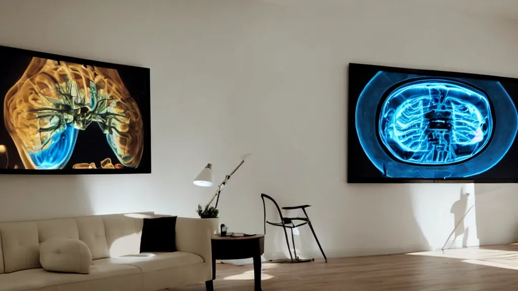 Image similar to an mri image in the living room, film still from the movie directed by denis villeneuve with art direction by salvador dali, wide lens