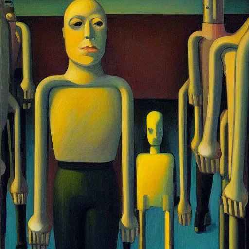 Image similar to queue of super - intelligent robots with kind eyes portrait, grant wood, pj crook, edward hopper, oil on canvas