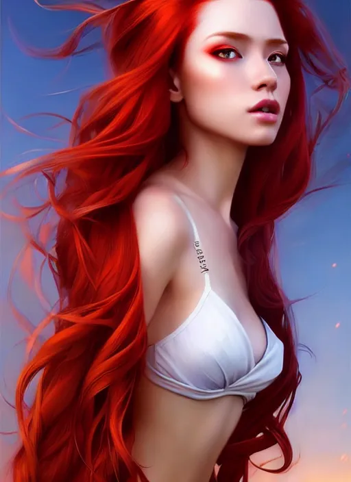 Image similar to a gorgeous female with long red hair in the style of stefan kostic, realistic, full body shot, wide angle, sharp focus, 8 k high definition, insanely detailed, intricate, elegant, art by stanley lau and artgerm, floating embers