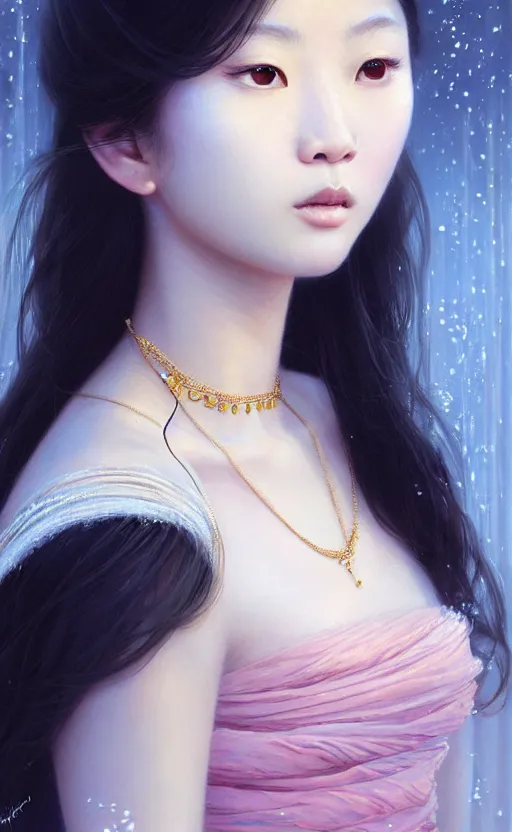 Image similar to a beautiful young charming asian goddess with sundress + jewelry + shinny eyes | | winter, symmetric, realistic shaded, unpleasant face, good looking, fine details, dior, lv, realistic shaded lighting poster by greg rutkowski, macoto takahashi, magali villeneuve, artgerm, jeremy lipkin and michael garmash