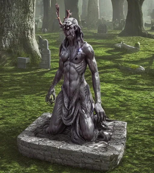 Prompt: weeping demon statue in graveyard surrounded by beautiful forest, vintage film photo, cgsociety, octane render, trending on artstation, artstationHD, artstationHQ, unreal engin