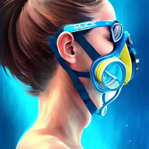 Prompt: profile photo of a girl diver wearing a visor and a diving mask with high detailed tattoos on neck, side profile in underwater, highly detailed, digital painting, artstation, concept art, smooth, sharp focus, illustration by Sandra Chevrier