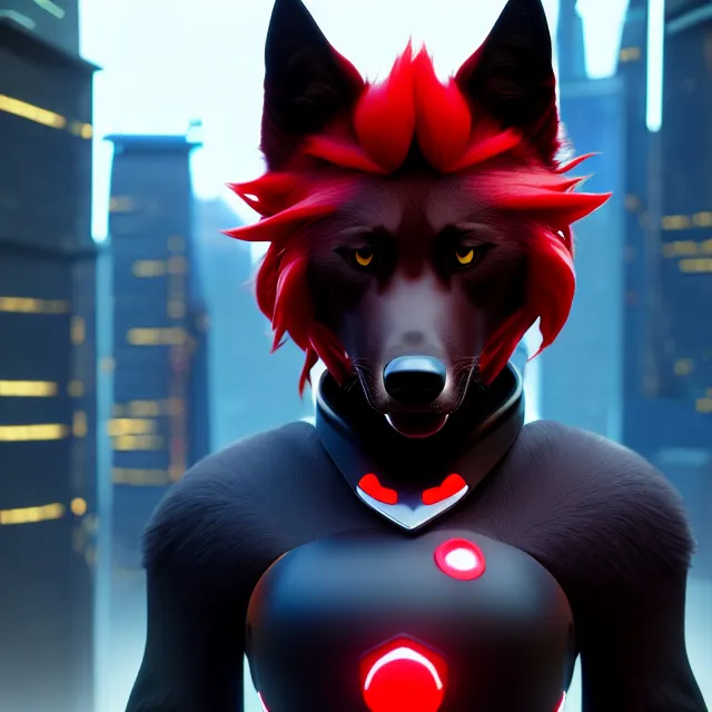 Image similar to portrait of a anthropomorphic black male wolf with red long red hair wearing futuristic clothes in a futuristic city, hyper detailed, digital art, trending in artstation, cinematic lighting, studio quality, smooth render, unreal engine 5 rendered, octane rendered, art style by pixar dreamworks warner bros disney riot games and overwatch.