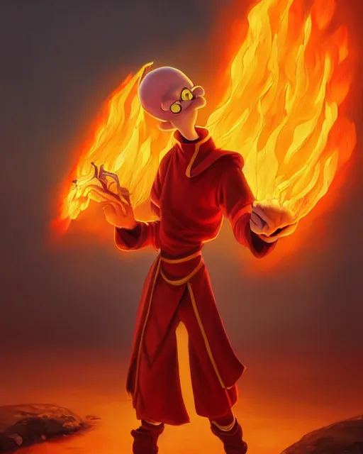 Image similar to [ squidward ] wearing fire nation clothing and practicing firebending outside at susnset, oil painting, highly [ detailed ], intricate, hd, sharp focus, photorealistic, by moebius and greg rutkowski, trending on artstation, trending on cgsociety, realistic shading and lighting