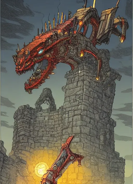 Image similar to detailed fantasy comic book drawing of a ( giant mechanical dragon ) over a ( stronghold castle ) by simon stalenhag, simon bisley!, jack kirby!!! and gris grimly, cinematic, epic, awesome color palette, hard contrast, ink outlines