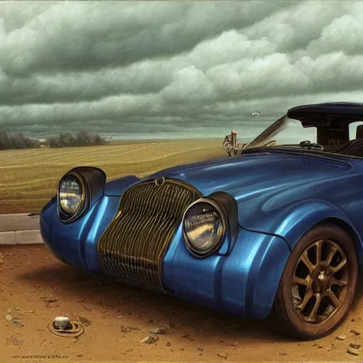 Image similar to a hyperrealistic painting of a steampunk sports car, blue skies, by john kenn mortensen, highly detailed,