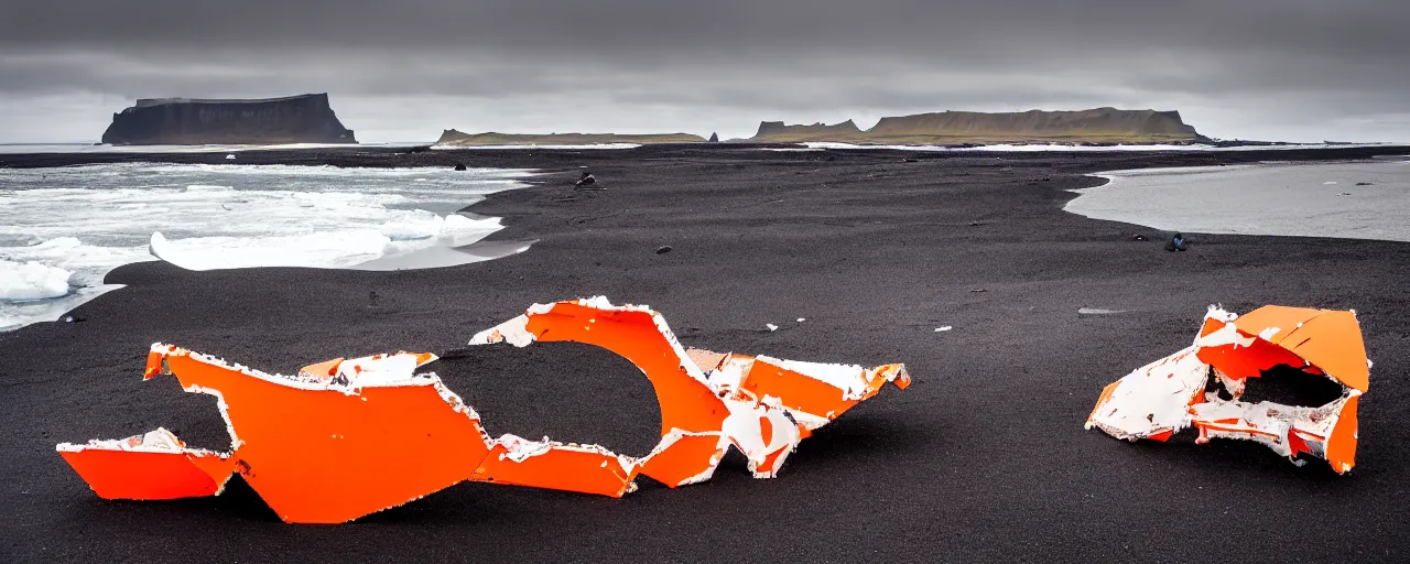 Prompt: cinematic shot of giant orange and white military spacecraft wreckage on an endless black sand beach in iceland with icebergs in the distance, 2 8 mm, shockwave