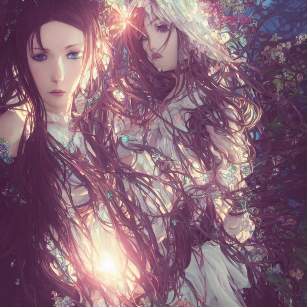 Image similar to 1 krenz cushart and alfons mucha detailed close portrait digital concept of anime cyber fairy, cute, gothic, epic sunbeam and church in background, unreal engine, hyperrealism, cinematic composition, blender render, octane render, hdr, detailed textures, trending on artstation, award winning artwork, 8 k,