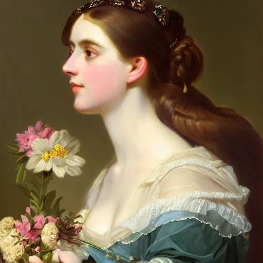 Prompt: a neoclassic and romanticism painting of a 2 9 year old german queen, circa 1 8 6 3 by franz xaver winterhalter