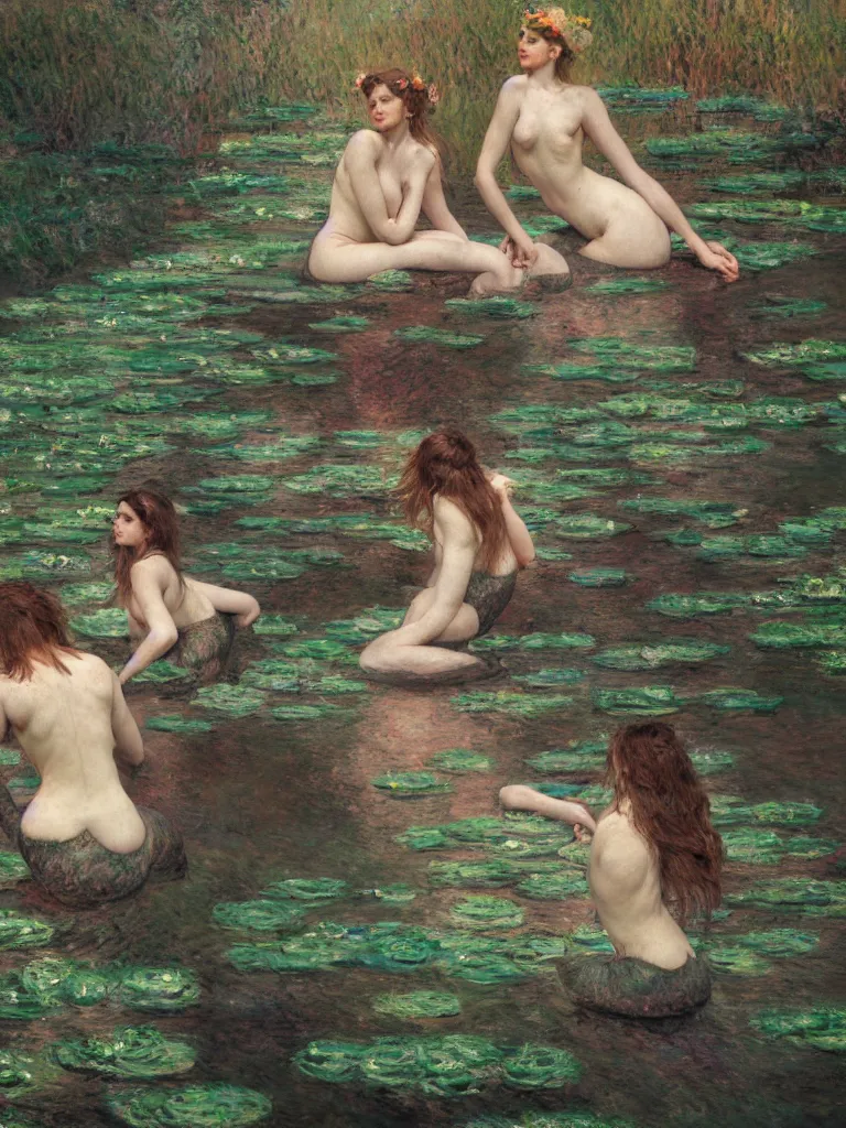 Prompt: illustration studio portrait of three dark beautiful woman bodies mermaids female energy in artistic poses in the river at the forest, monet painterly motives and textures pattern, hyper detailed, octane render, vivid colors, artstation, by jeremy mann, by alphonse mucha, by monet