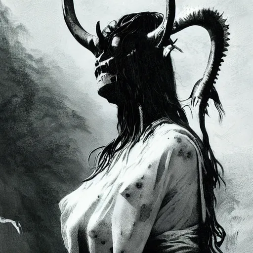 Prompt: close up portrait of a scandinavian undead witch female with ram horns, satanic kvlt by peder balke by peder balke by greg rutkowski, by guido crepax by norman bluhm mystic high contrast monochromatic noir angst pagan magic