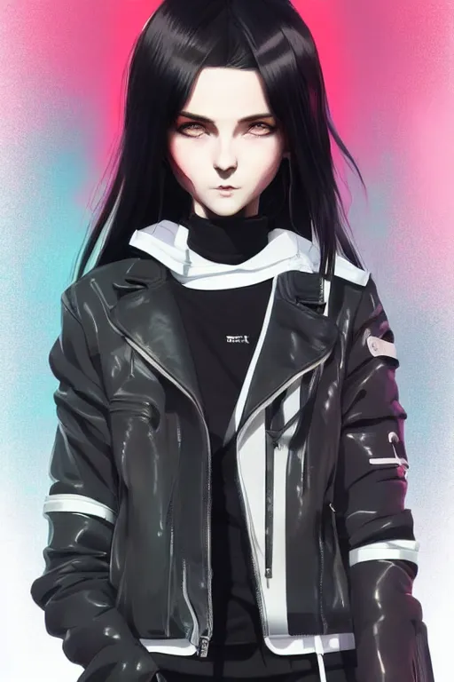 Prompt: poster woman with futuristic streetwear and hairstyle, leather jacket, cute face, pretty face, symmetrical face, Galaxy eyes, beautiful, elegant, Anime by Kuvshinov Ilya, Cushart Krentz and Gilleard James, 4k, HDR, Trending on artstation, Behance, Pinterest, award winning