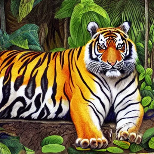 Prompt: Extraordinarily regal looking tiger lounging in the jungle. Award winning art