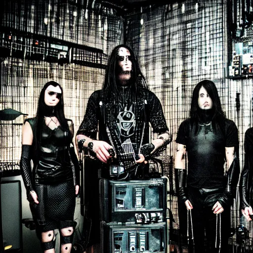 Prompt: cyberpunk black metal band, guitarists, bassist, drummer, vocalist, all black cyberpunk clothes, robotic prosthetic limbs, dermal implants, cyborg satan, futuristic, realistic, promo photograph, epk, in a room full of candles, high quality, highly detailed