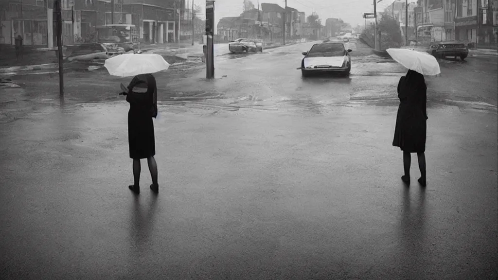 Image similar to “ a woman waiting on the corner holding an umbrella, photography by gregory crewdson ”