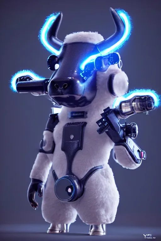 Image similar to high quality 3 d render sci - fi very cute cyborg cow fluffy! hybrid! drinking beer, highly detailed, unreal engine cinematic smooth, in the style of blade runner & detective pikachu, hannah yata charlie immer, dark blue neon light, low angle, uhd 8 k, sharp focus