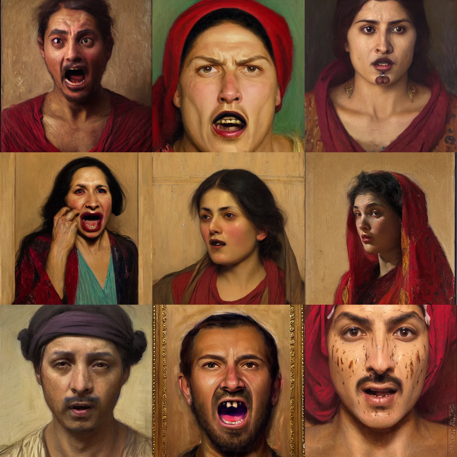 Prompt: orientalism terrified face portrait afraid mouth open by Edwin Longsden Long and Theodore Ralli and Nasreddine Dinet and Adam Styka, masterful intricate art. Oil on canvas, excellent lighting, high detail 8k