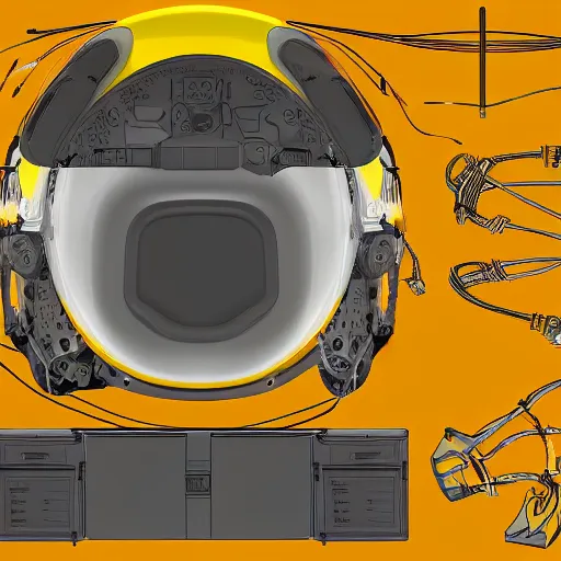 Image similar to hyper detailed boxcutter hard surface modelling rear view of yellow orange and gold astronaut helmet, arstation, cables wires decals