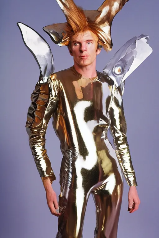 Prompt: portrait davis taylor brown dressed in 1 9 8 1 space fantasy fashion, avante garde, shiny metal