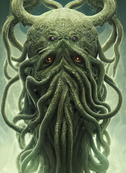 Image similar to portrait of cthulhu, hyper detailed, digital art, trending in artstation, cinematic lighting, studio quality, smooth render, unreal engine 5 rendered, octane rendered, art style by klimt and nixeu and ian sprigger and wlop and krenz cushart.